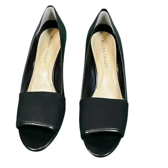 Ellen Tracy Women's Black Leather Slide Wedge Open Toe Heels Rhyme 8.5 Used - Picture 6 of 16